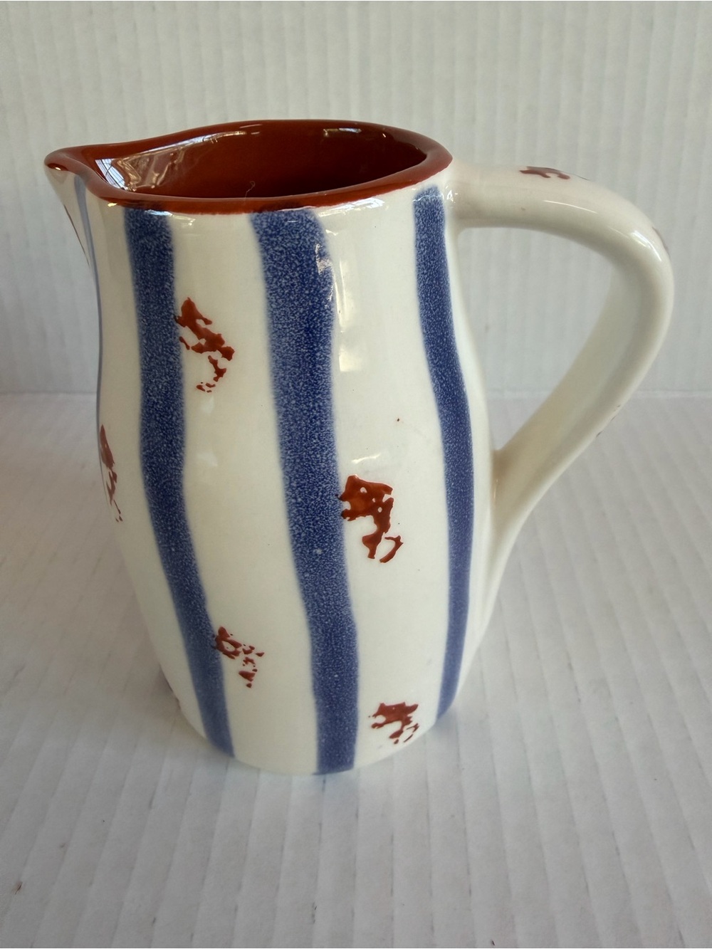 Mud Pie Cream Pitcher with Blue Stripes and Brown Interior